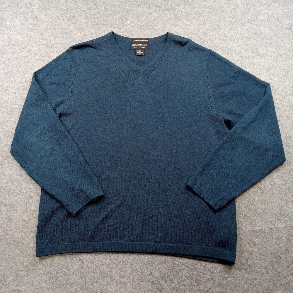 Eddie Bauer Sweater Mens Large Blue Fine Italian Merino Wool V Neck Pullover